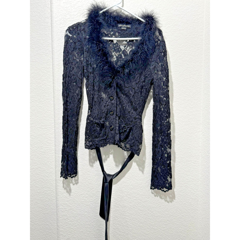 Ann Ferriday Black Lace Jacket with Fur Collar Belted Whimsigoth Witchy Fairy